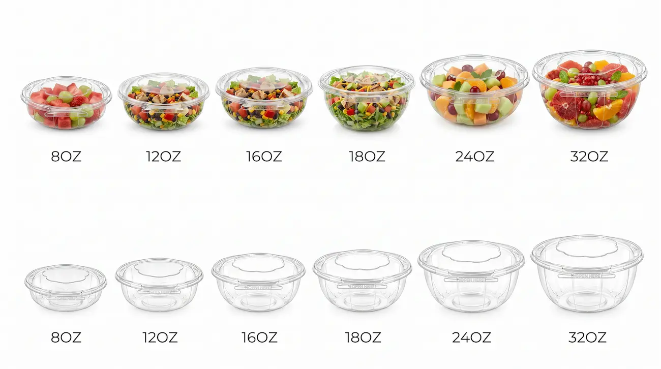 Tamper evident clear PET round bowl size range from 8 oz to 32 oz