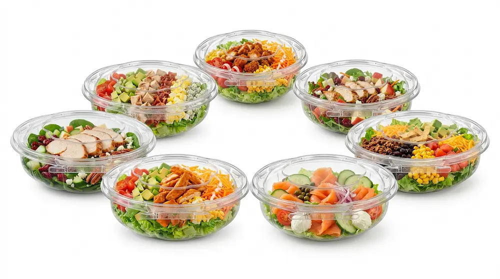 Tamper evident clear PET round bowls for assorted fresh salad meal packaging