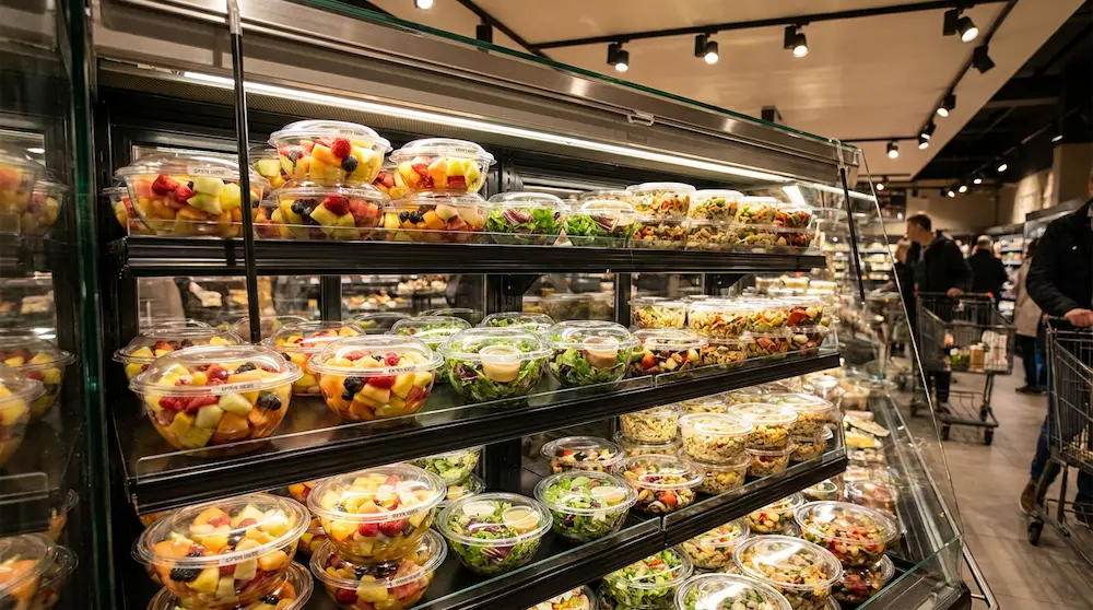 Tamper evident clear rPET round bowls with anti-fog dome lids displayed in a chilled ready-to-eat supermarket case