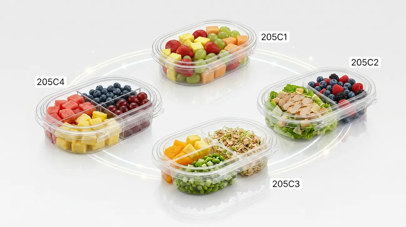 Tamper evident container series with 205C1 205C2 205C3 and 205C4 clear PET food containers
