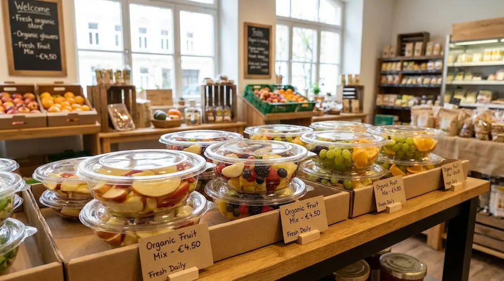 Tamper evident clear PET bowls with dome lids for organic fruit mix in grocery store display