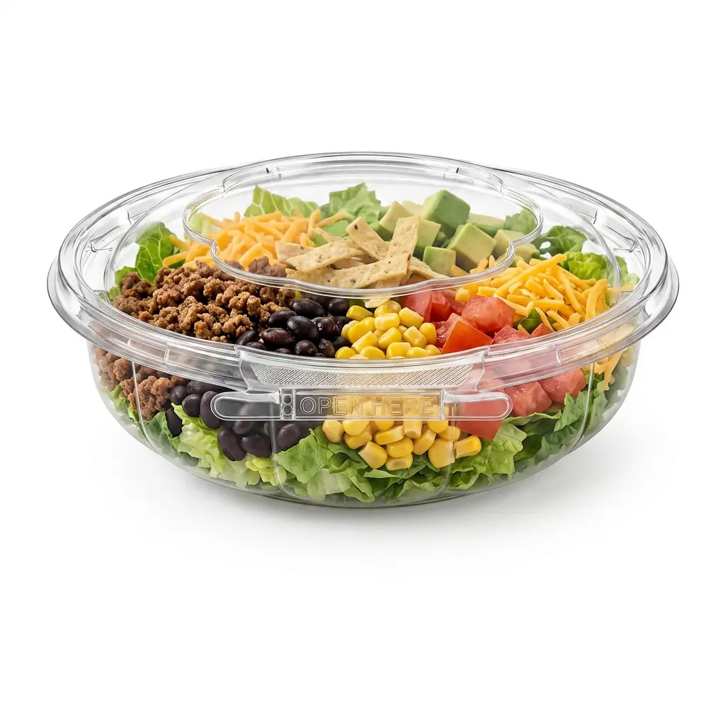 tamper-evident-pet-round-salad-bowl-taco-salad Tamper evident PET round salad bowl with clear anti-fog lid for taco salad meals