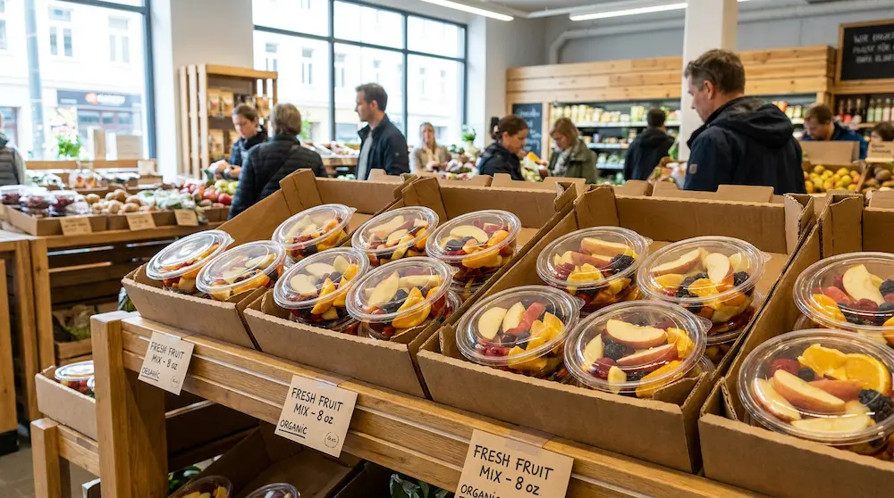Tamper evident clear rPET round bowls with anti-fog dome lids displayed in kraft trays for organic fresh fruit retail packaging
