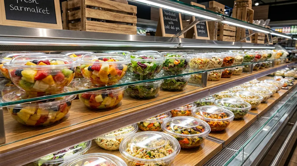 Tamper Evident RPET Bowl with Anti-Fog Lid for chilled ready-to-eat fruit and salad display