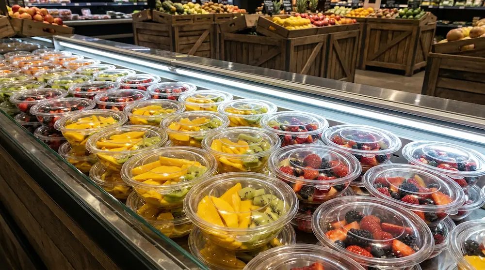 Tamper Evident RPET Bowl with Anti-Fog Lid for refrigerated fruit shop counter