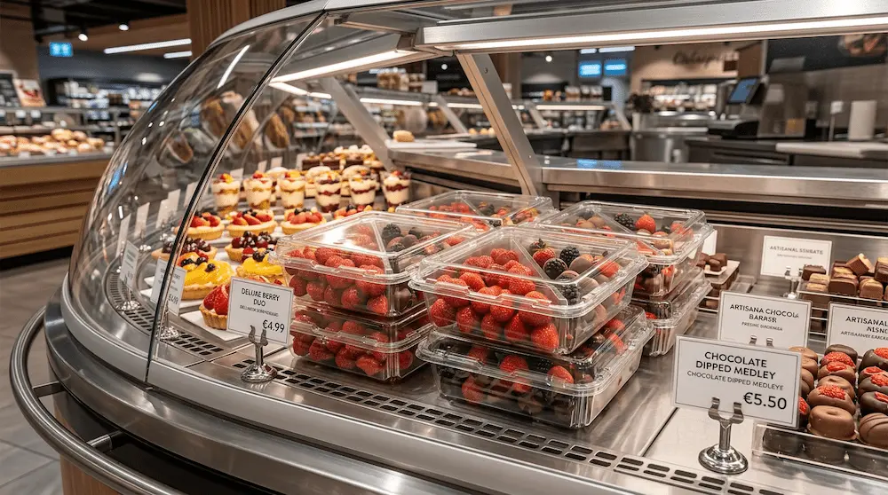 Two-compartment clear PET clamshell container for strawberries, blackberries, and dessert display packaging
