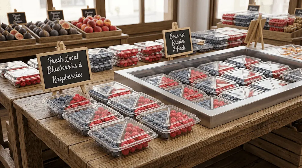Two-compartment PET clamshell container for blueberries and raspberries in a fresh fruit retail display