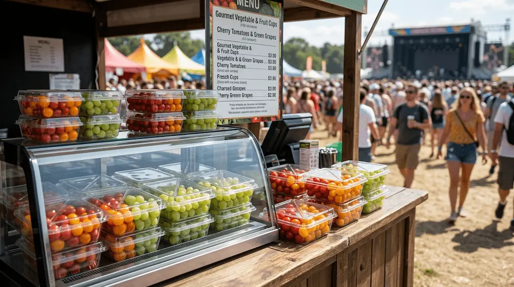 Two-compartment PET clamshell container for grapes and cherry tomatoes at an outdoor snack booth