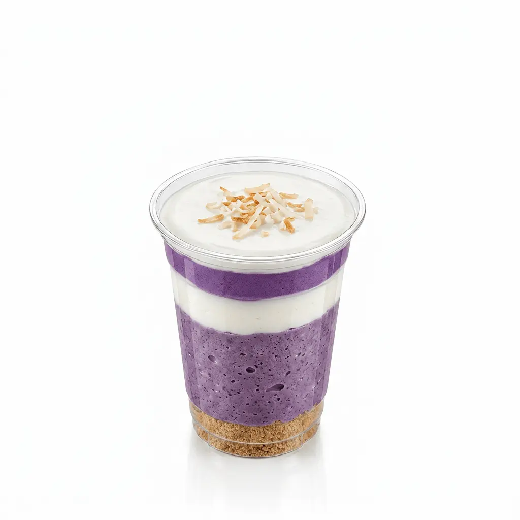 ube-coconut-cheesecake-12oz-pet-cup Ube coconut cheesecake dessert in clear 12oz PET cup