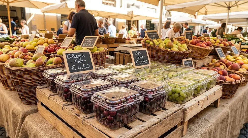 Wide vented PET/rPET fruit clamshell containers displayed at an open-air fruit market with grapes and cherries