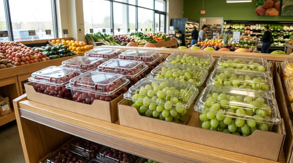 Wide vented PET/rPET fruit clamshell containers packed in kraft trays for organic grocery display