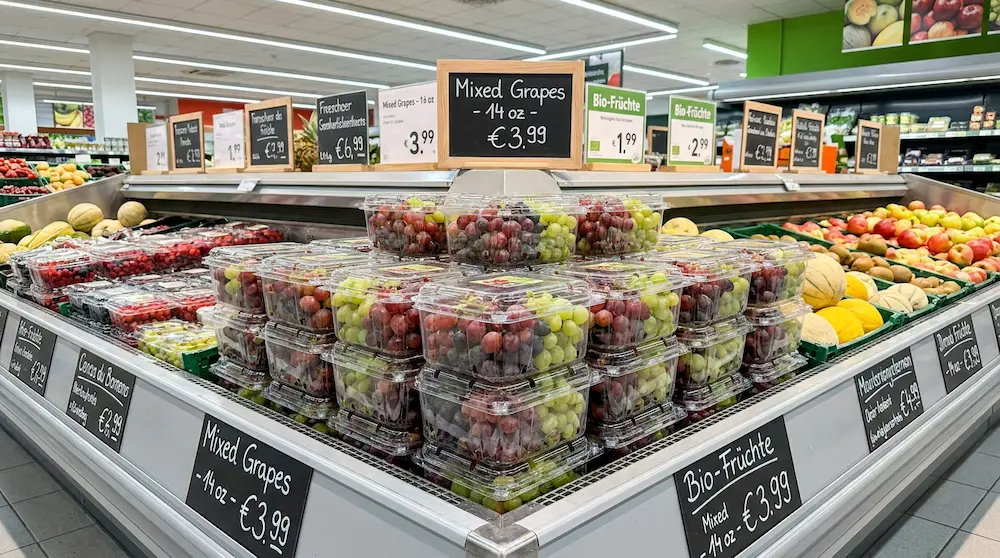 Wide vented PET/rPET fruit clamshell containers stacked in a supermarket refrigerated produce island