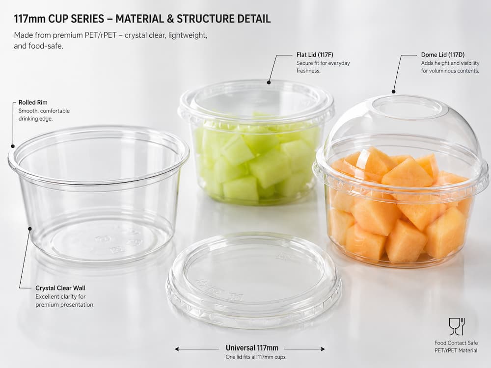 Fresh-Cut Melon Containers FAQ: Materials, Sizes, Uses, and Ordering Questions 4 117mm clear PET and rPET fruit cup with flat lid and dome lid for fresh-cut melon packaging.