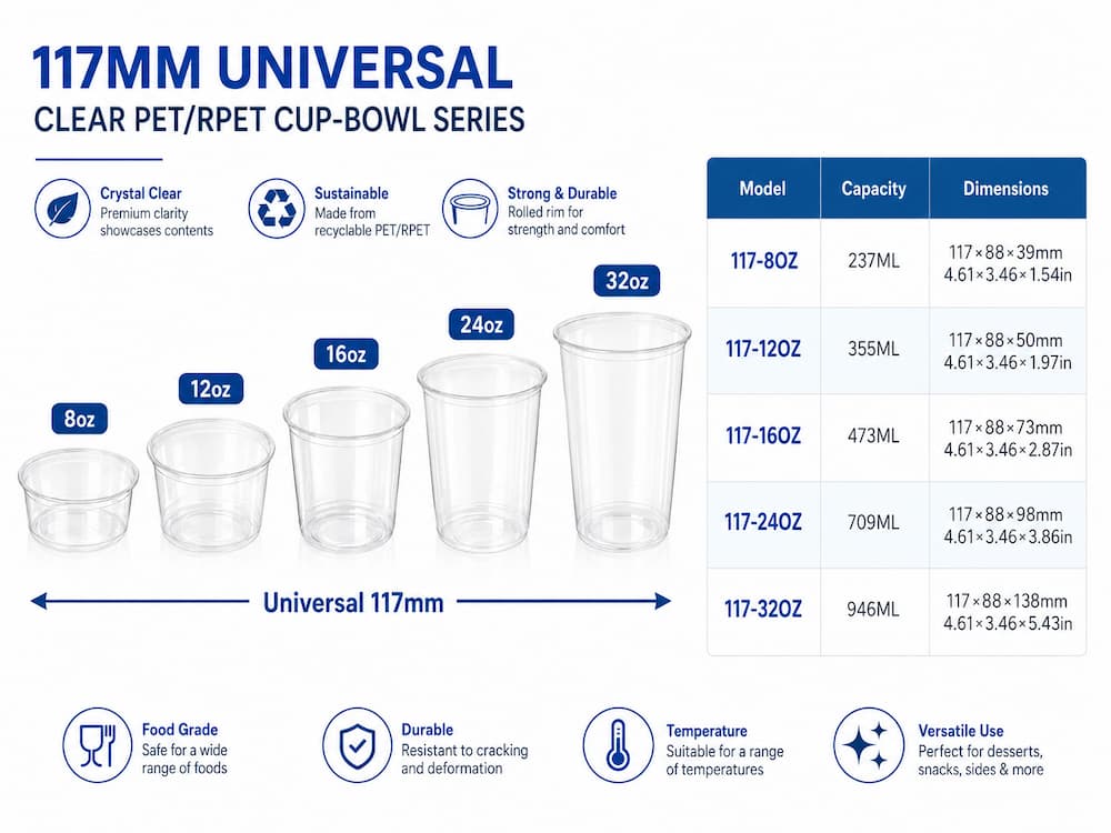 Fresh-Cut Melon Containers FAQ: Materials, Sizes, Uses, and Ordering Questions 6 117mm universal clear PET and rPET cup-bowl series with size chart and capacity options.