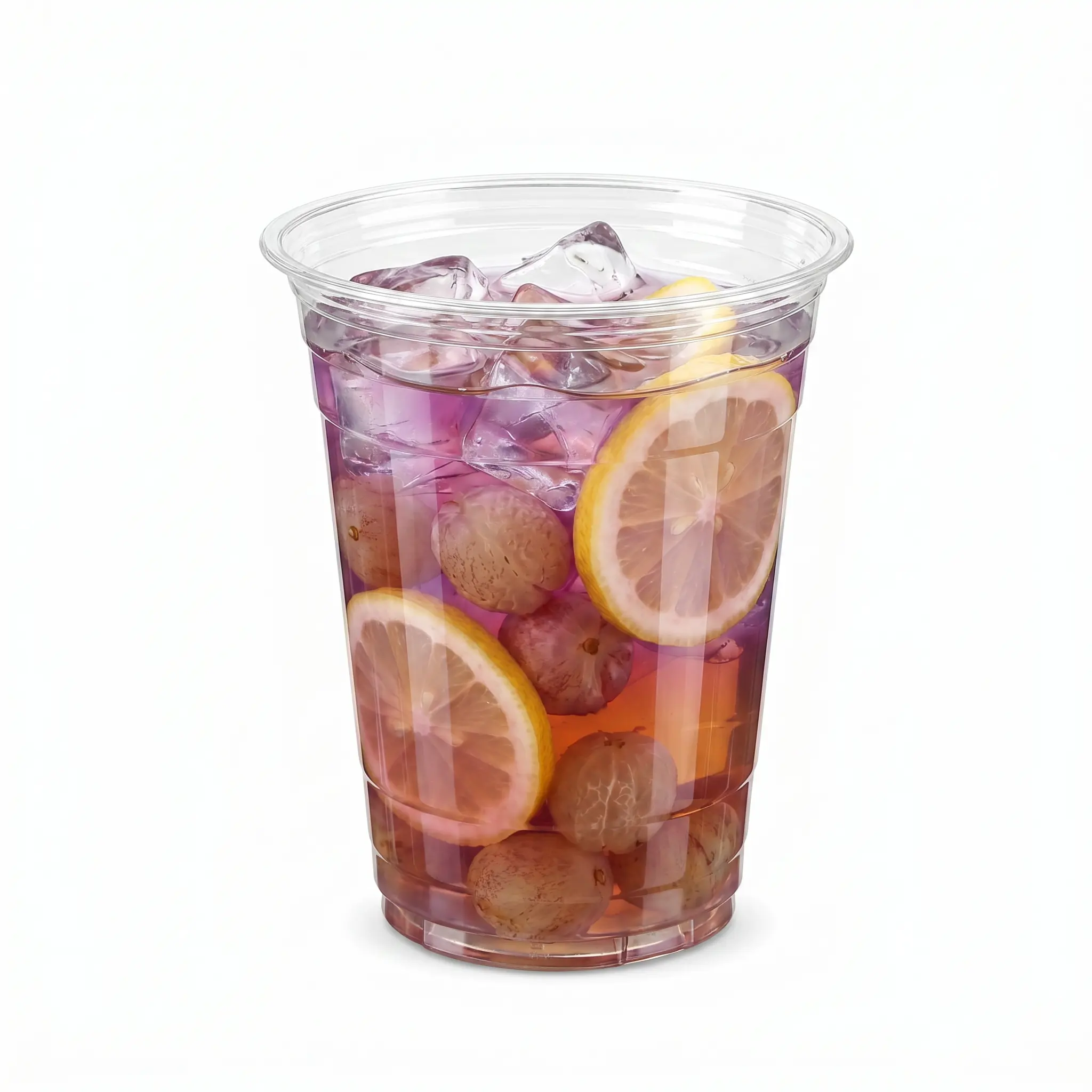 16 oz PETRPET clear cold cup filled with grape lemon fruit tea 16 oz PET/RPET clear cold cup filled with grape lemon fruit tea