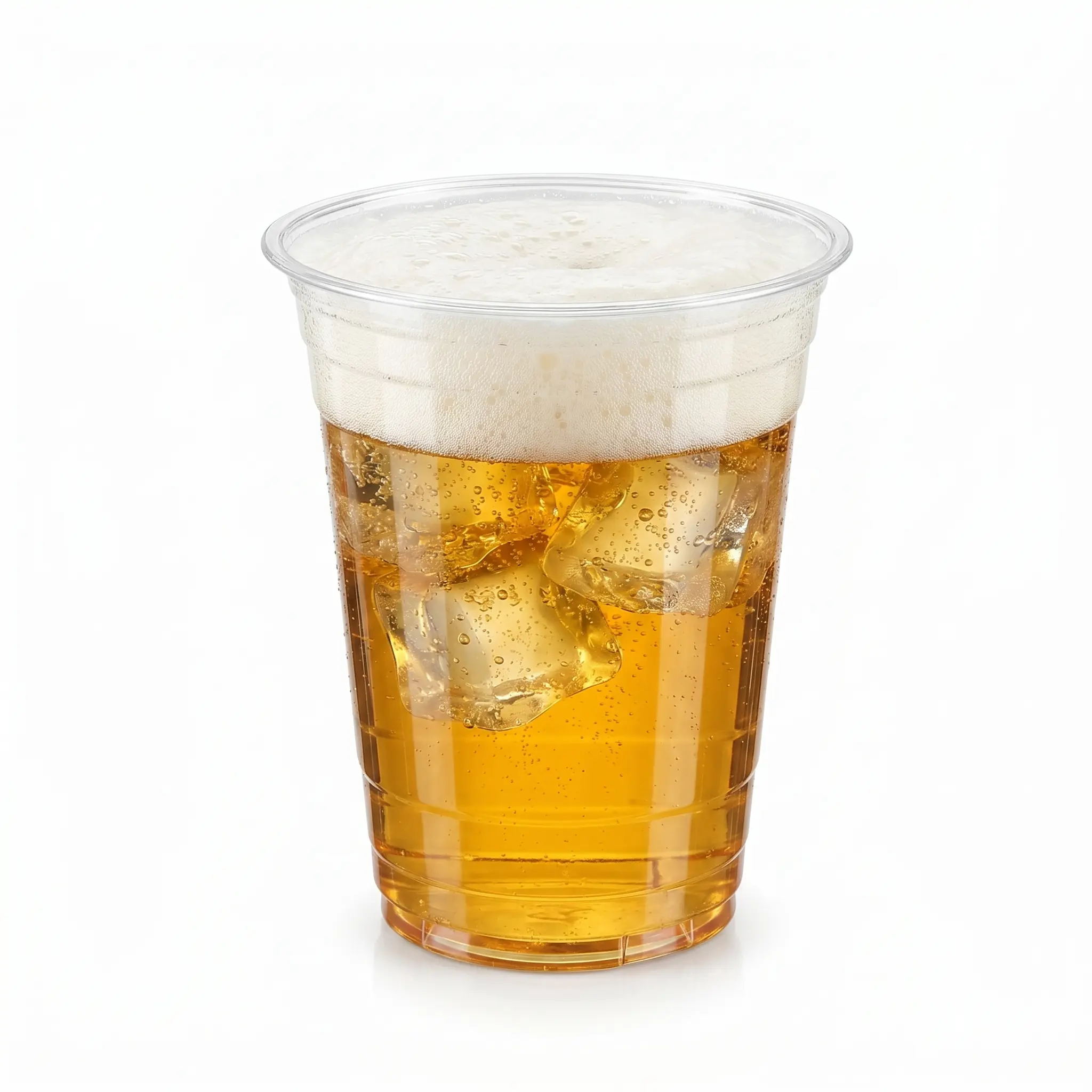 16 oz PETRPET clear cold cup filled with iced beer 16 oz PET/RPET clear cold cup filled with iced beer