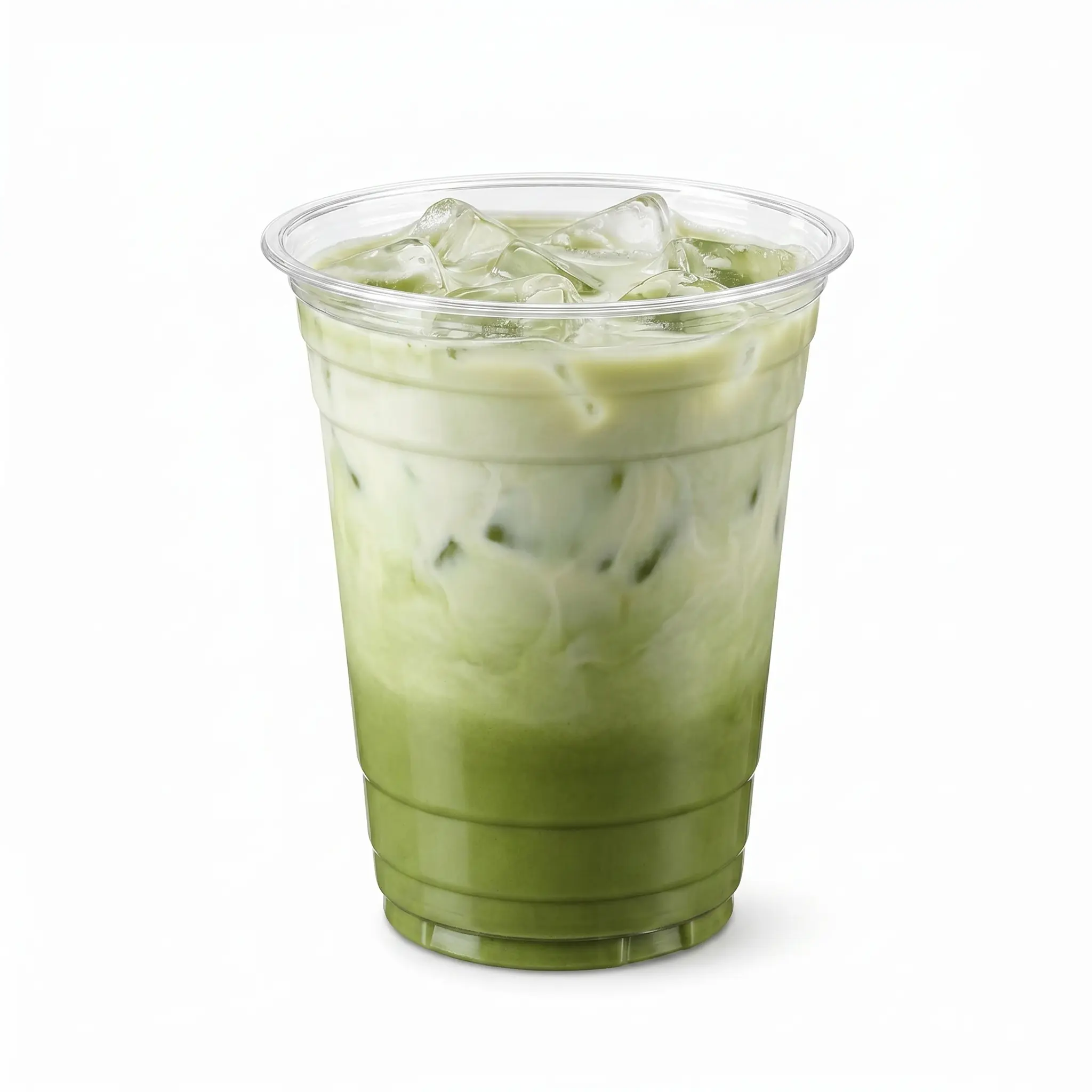 16 oz PETRPET clear cold cup filled with iced matcha latte 16 oz PET/RPET clear cold cup filled with iced matcha latte