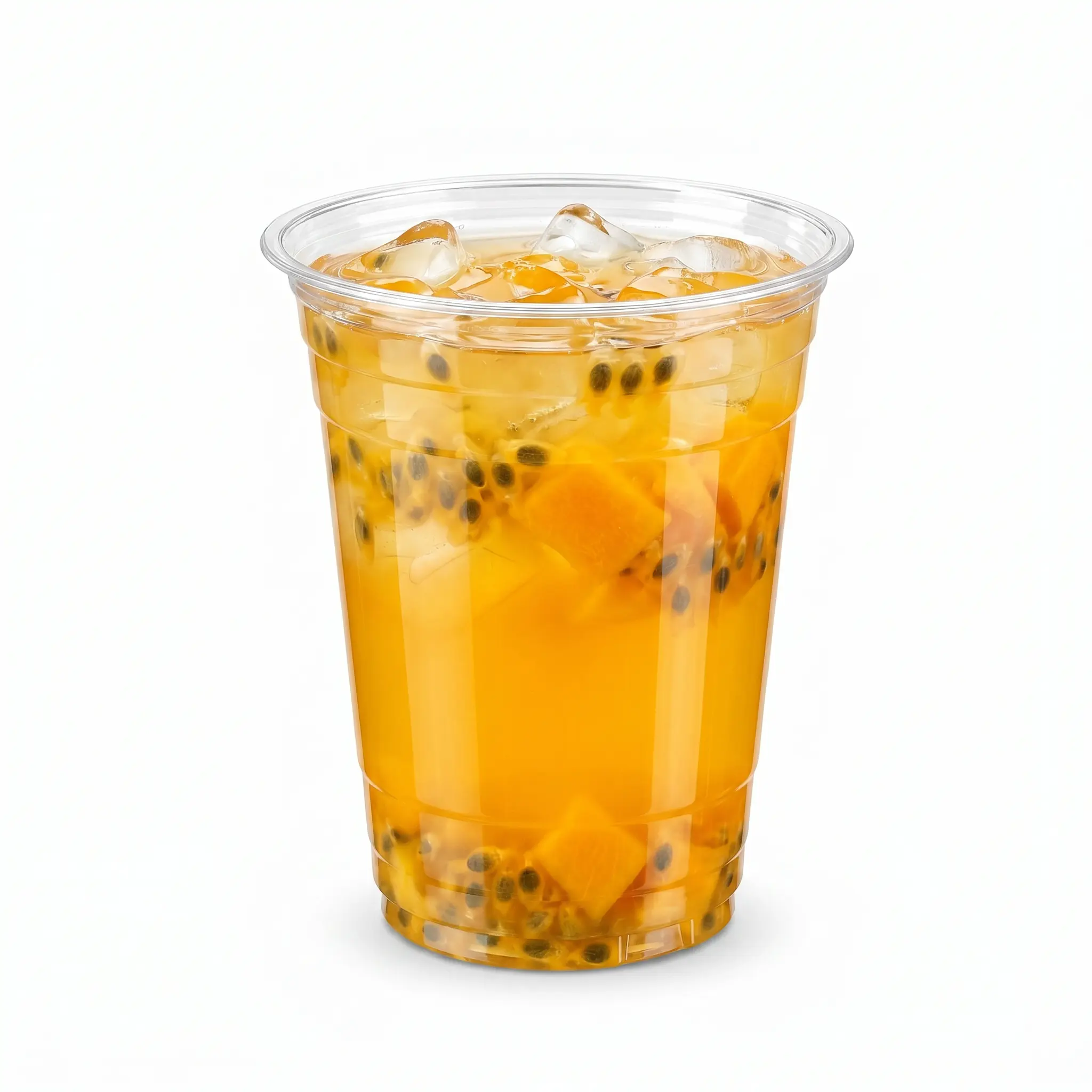 16 oz PETRPET clear cold cup filled with iced passion fruit drink 16 oz PET/RPET clear cold cup filled with iced passion fruit drink