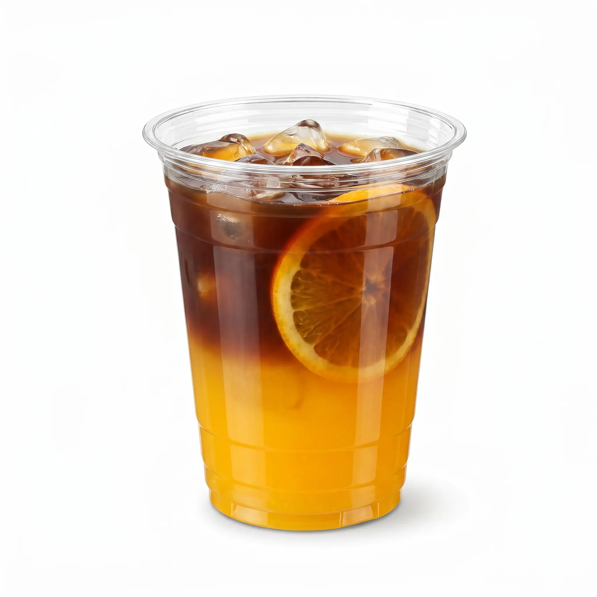 16 oz PETRPET clear cold cup filled with orange americano 16 oz PET/RPET clear cold cup filled with orange americano