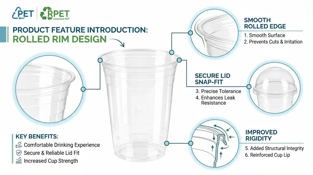 16 oz PET/RPET clear cold cup rolled rim feature introduction infographic