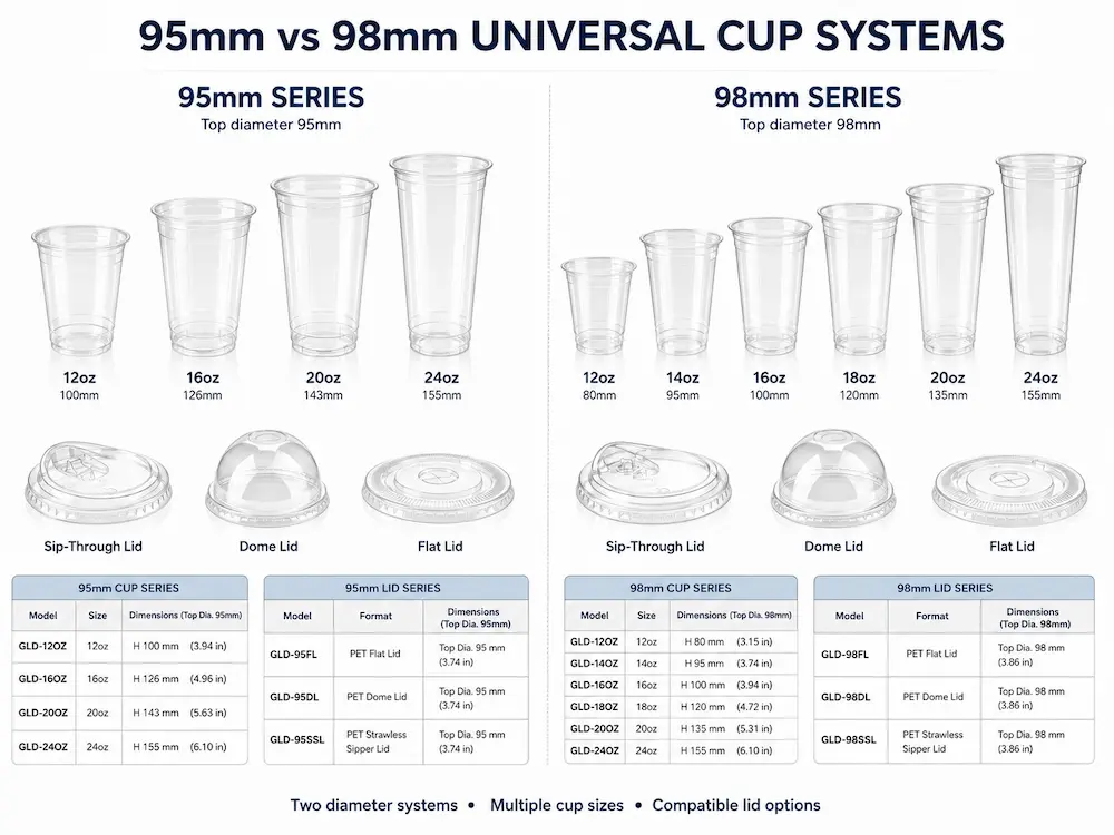  Comparison chart of 95mm and 98mm cup and lid systems with sizes from 12oz to 24oz.