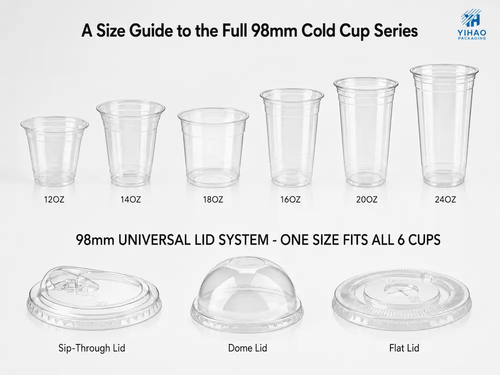 98mm PET cold cup size guide with universal lid system for custom iced coffee cups.