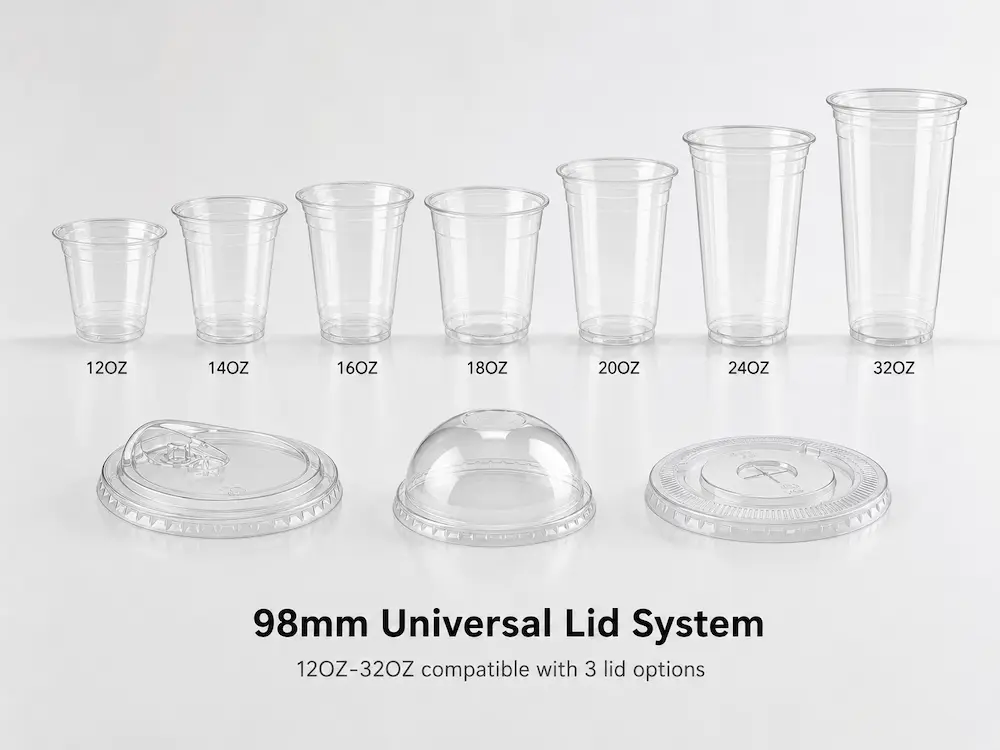 12 oz to 32 oz clear juice cups with 98mm universal dome lid, flat lid, and straw lid system