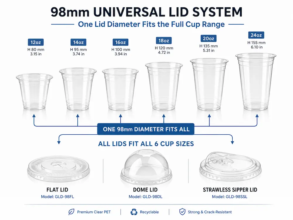 PET Cup Lids FAQ: Materials, Sizes, Uses, and Ordering Questions 3 98mm universal PET cup lid system showing flat lids, dome lids, strawless sipper lids, and six cup sizes.