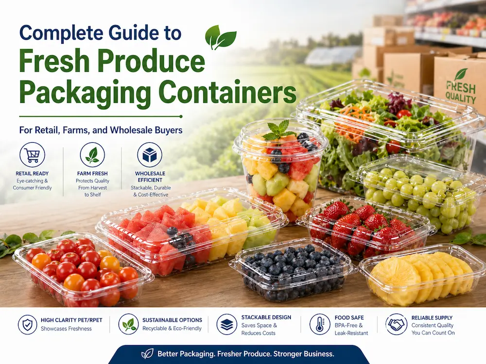 Fresh produce packaging containers with clear PET clamshells, produce trays, berry containers, and fresh-cut fruit packs for farms, supermarkets, and wholesale buyers