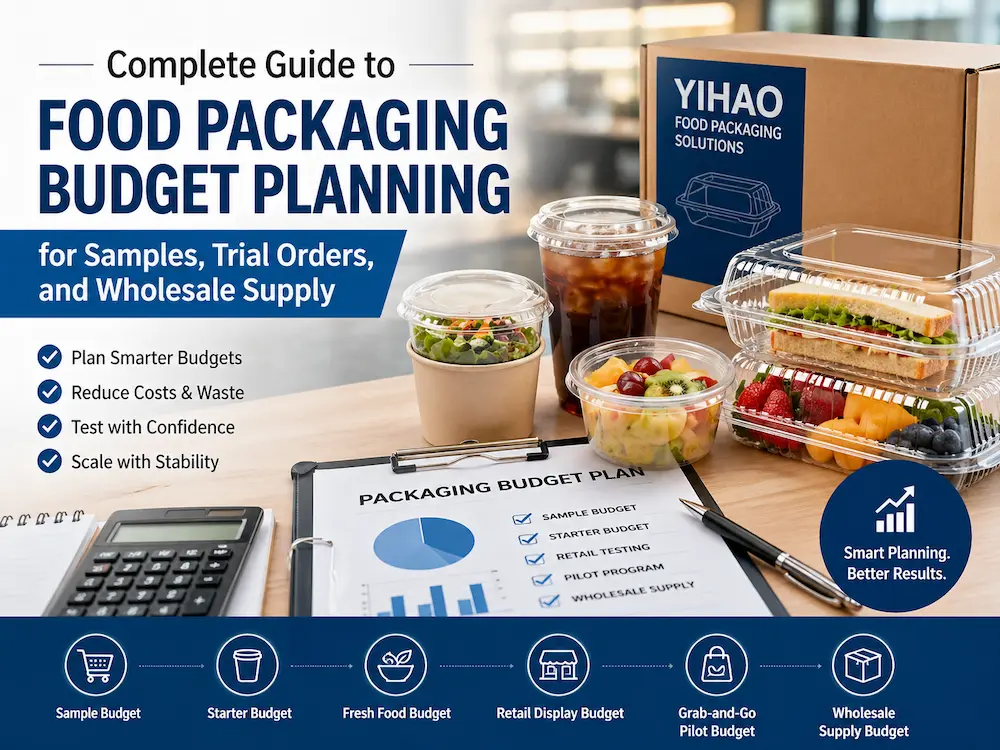 Complete Guide to Food Packaging Budget Planning for Samples, Trial Orders, and Wholesale Supply 2 Food packaging budget guide infographic showing PET food containers, cold cups, bakery clamshells, sample testing, trial orders, retail display planning, and wholesale supply stages.