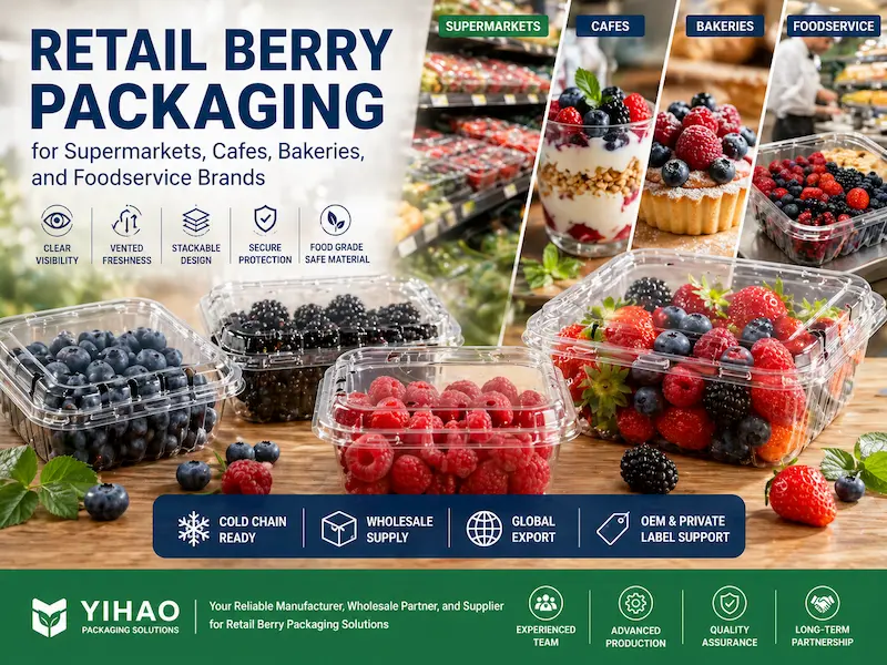 Retail Berry Packaging for Supermarkets, Cafes, Bakeries, and Foodservice Brands 5 Retail berry packaging with clear PET clamshell containers filled with blueberries, raspberries, blackberries, and strawberries for supermarkets, cafes, bakeries, and foodservice brands