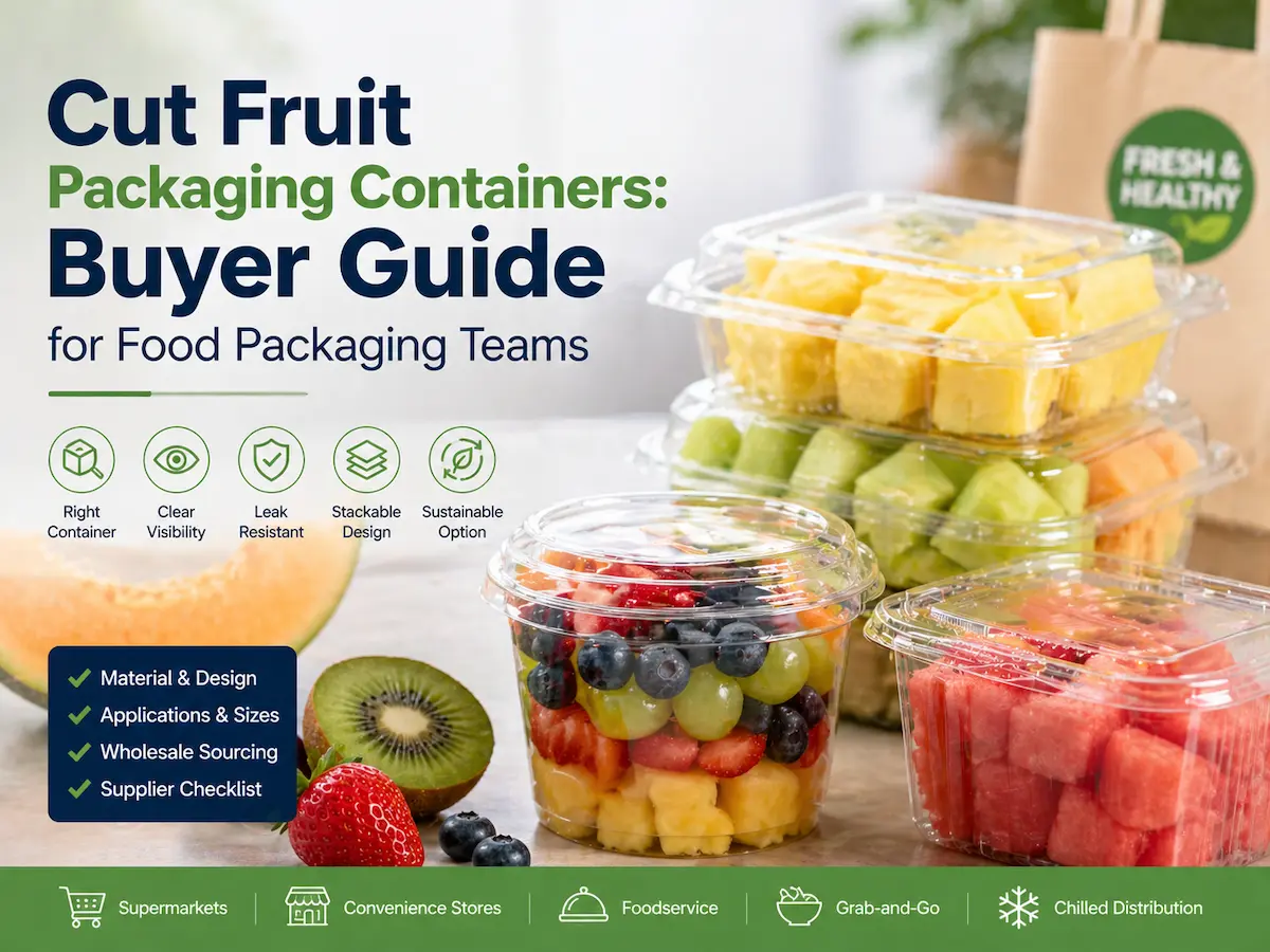 Cut fruit packaging containers with clear PET fruit cups and clamshell boxes for fresh-cut melon, fruit salad, berries, and grab-and-go food packaging.