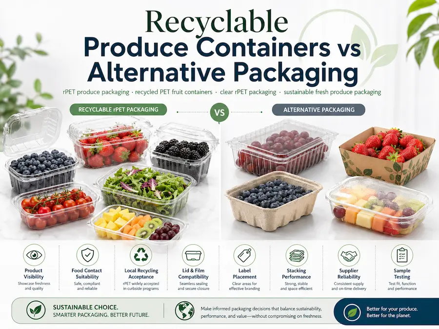 Recyclable Produce Containers vs Alternative Packaging: How Buyers Should Choose 7 Recyclable produce containers vs alternative packaging for rPET produce packaging, recycled PET fruit containers, clear rPET packaging, and sustainable fresh produce packaging