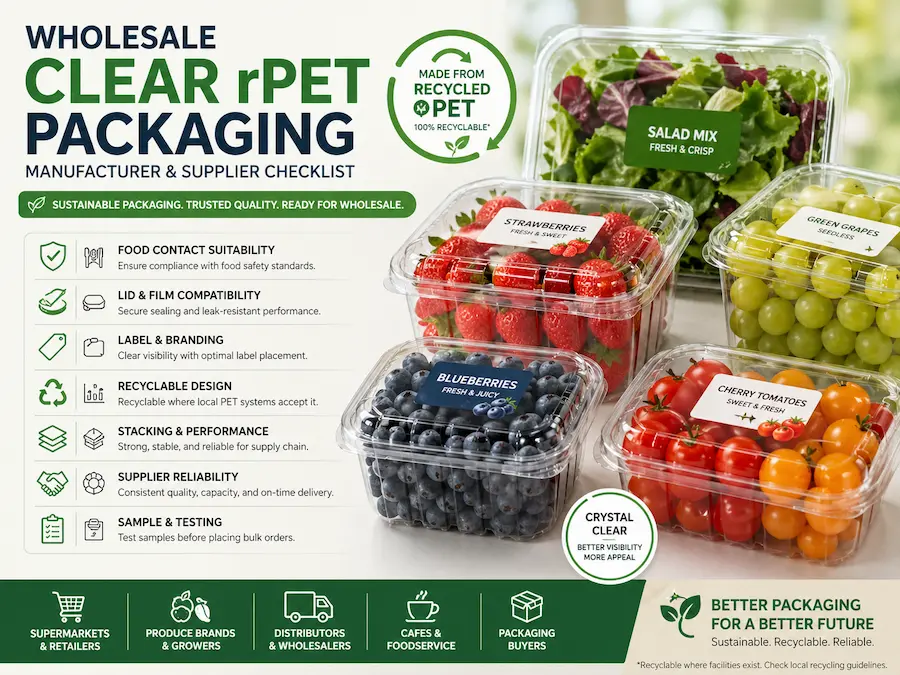 Wholesale Clear rPET Packaging: Manufacturer and Supplier Checklist 6 Wholesale clear rPET packaging manufacturer and supplier checklist for rPET produce packaging, recycled PET fruit containers, recyclable produce containers, and food grade rPET containers