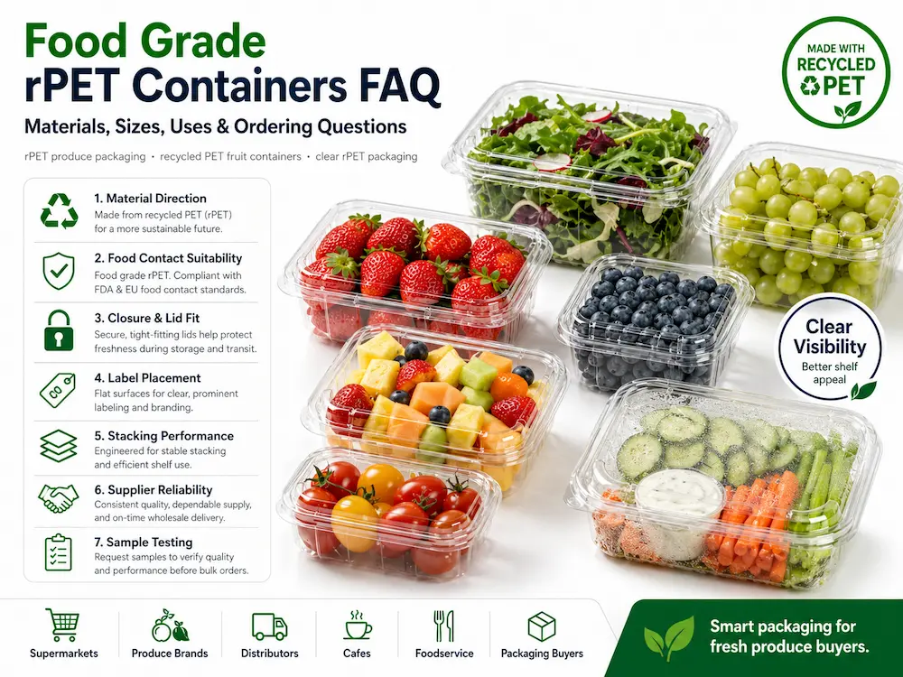 Food Grade rPET Containers FAQ: Materials, Sizes, Uses, and Ordering Questions 5 Food grade rPET containers FAQ for materials, sizes, uses, ordering questions, rPET produce packaging, recycled PET fruit containers, and clear rPET packaging