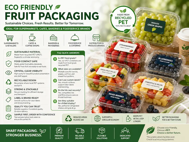 Eco Friendly Fruit Packaging for Supermarkets, Cafes, Bakeries, and Foodservice Brands 12 Eco friendly fruit packaging for supermarkets, cafes, bakeries, foodservice brands, rPET produce packaging, recycled PET fruit containers, and clear rPET packaging