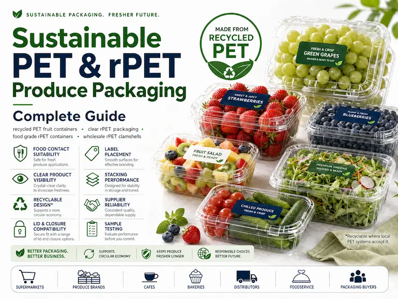 Sustainable PET and rPET Produce Packaging Complete Guide 3 Sustainable PET and rPET produce packaging complete guide for recycled PET fruit containers, clear rPET packaging, food grade rPET containers, and wholesale rPET clamshells