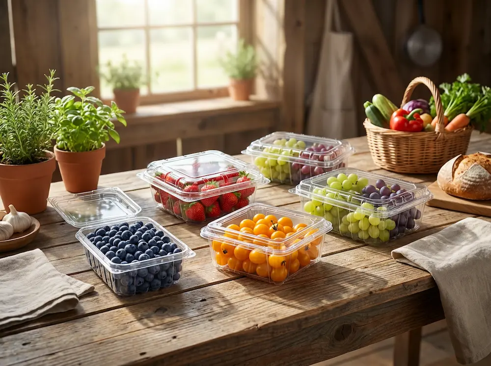 Open clear PET fruit packaging trays for blueberries, strawberries, grapes, and mixed produce