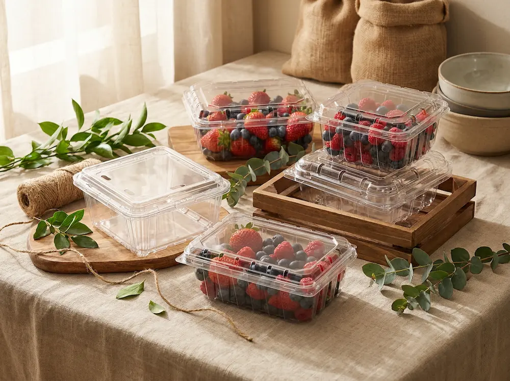 Clear PET/RPET fruit packaging containers with berries, grapes, and cherry tomatoes for wholesale fruit packaging display
