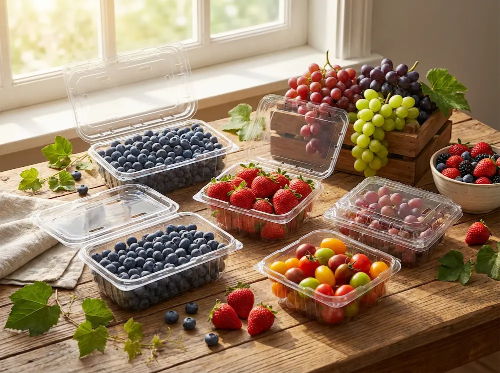 Clear PET/RPET fruit packaging containers with berries, grapes, and cherry tomatoes on a rustic table