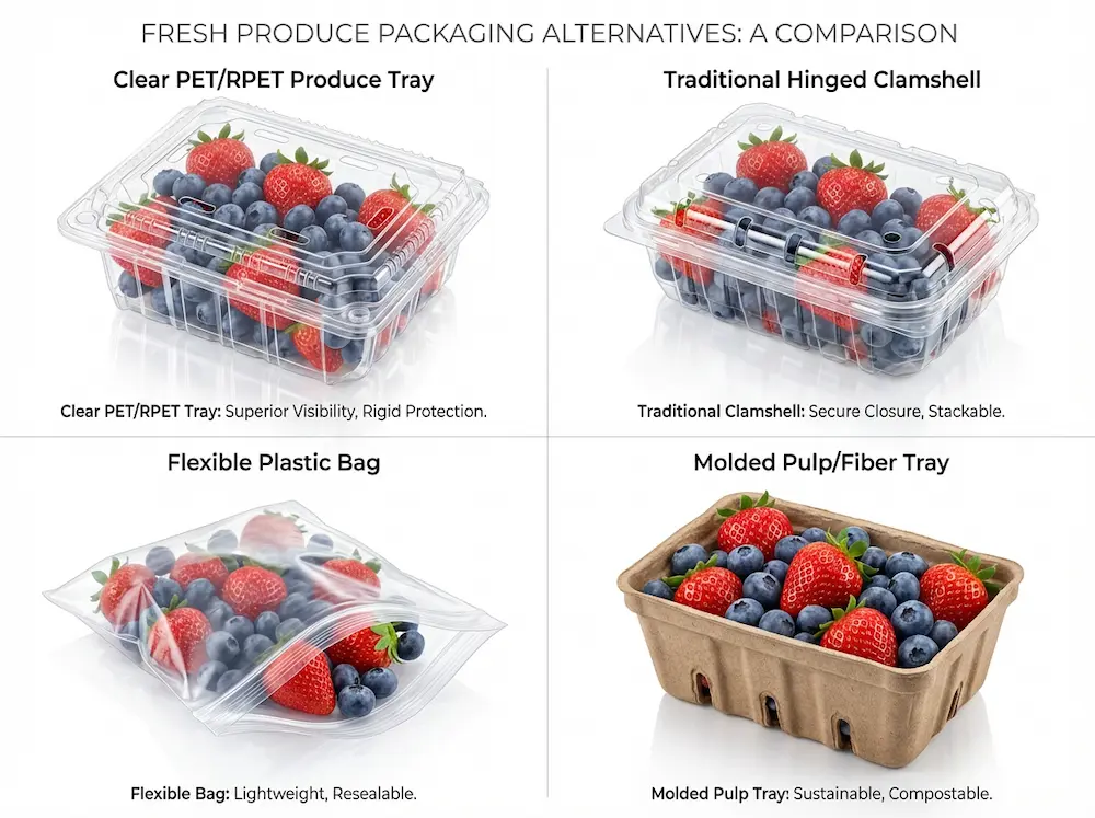 Fresh produce packaging comparison between clear PET/RPET trays, clamshells, plastic bags, and molded pulp trays