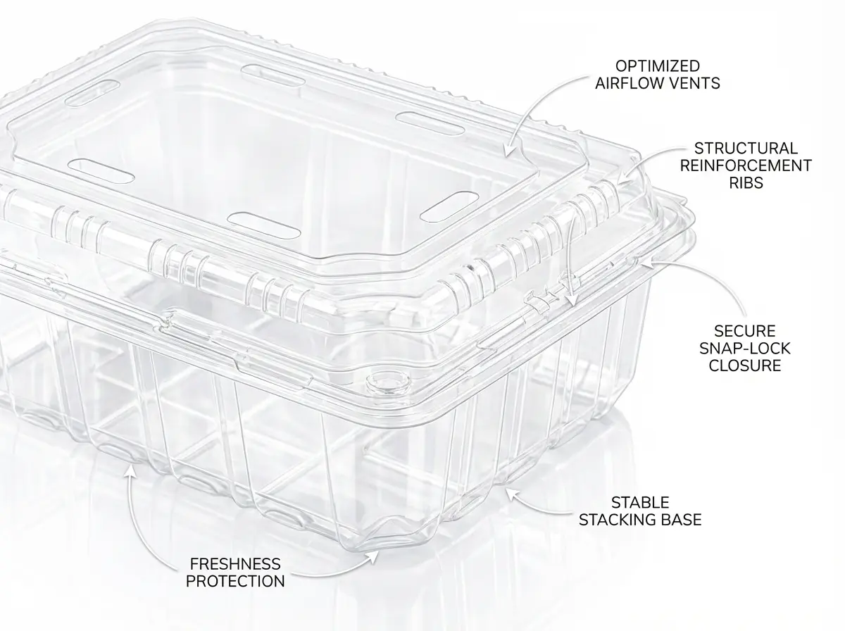 Clear PET/RPET produce tray structure with airflow vents, snap-lock closure, ribs, and stacking base