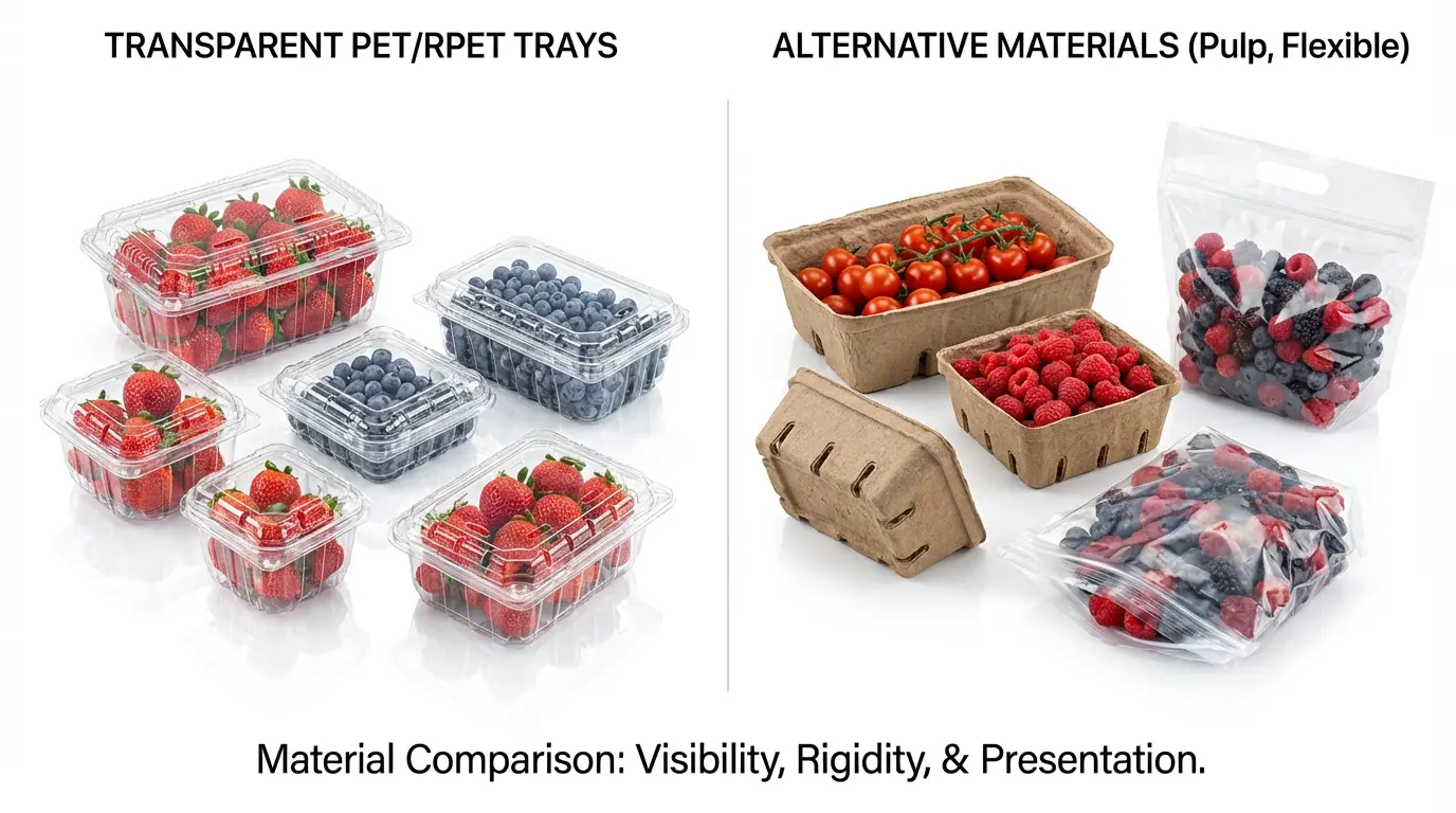Material comparison of transparent PET/RPET trays, molded pulp trays, and flexible produce bags