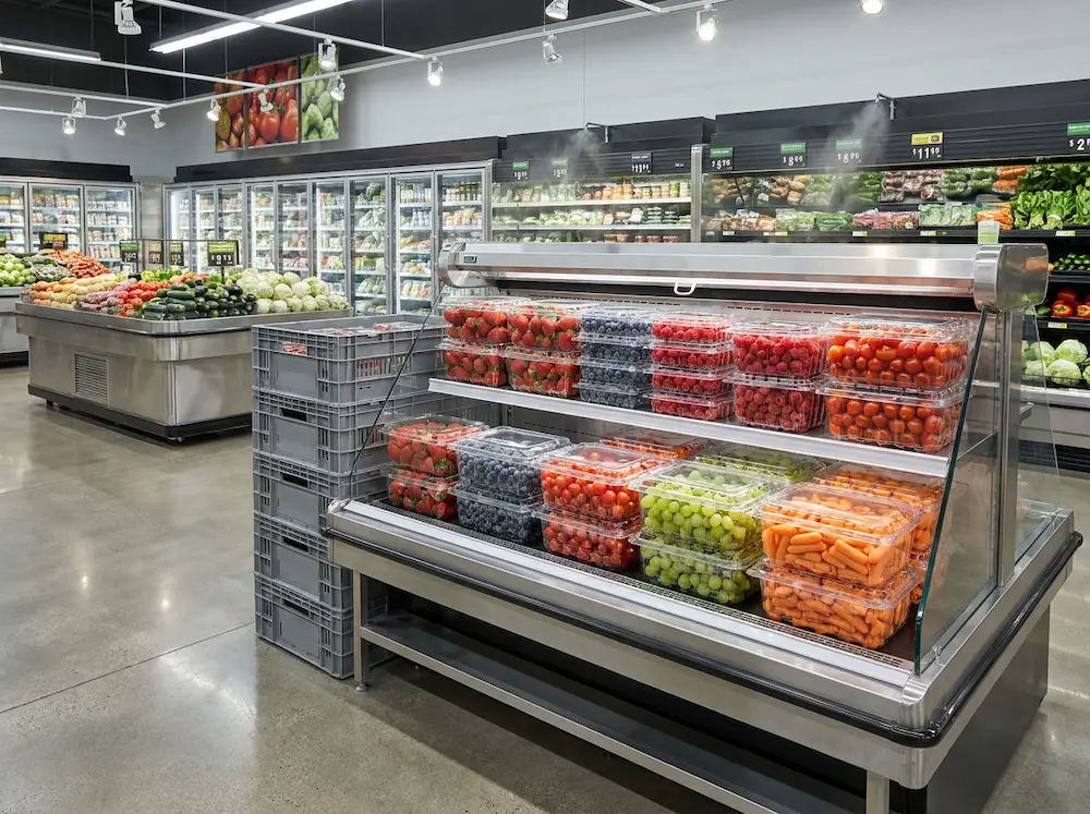Wholesale fruit packaging displayed in supermarket refrigeration with berries, grapes, tomatoes, and carrots