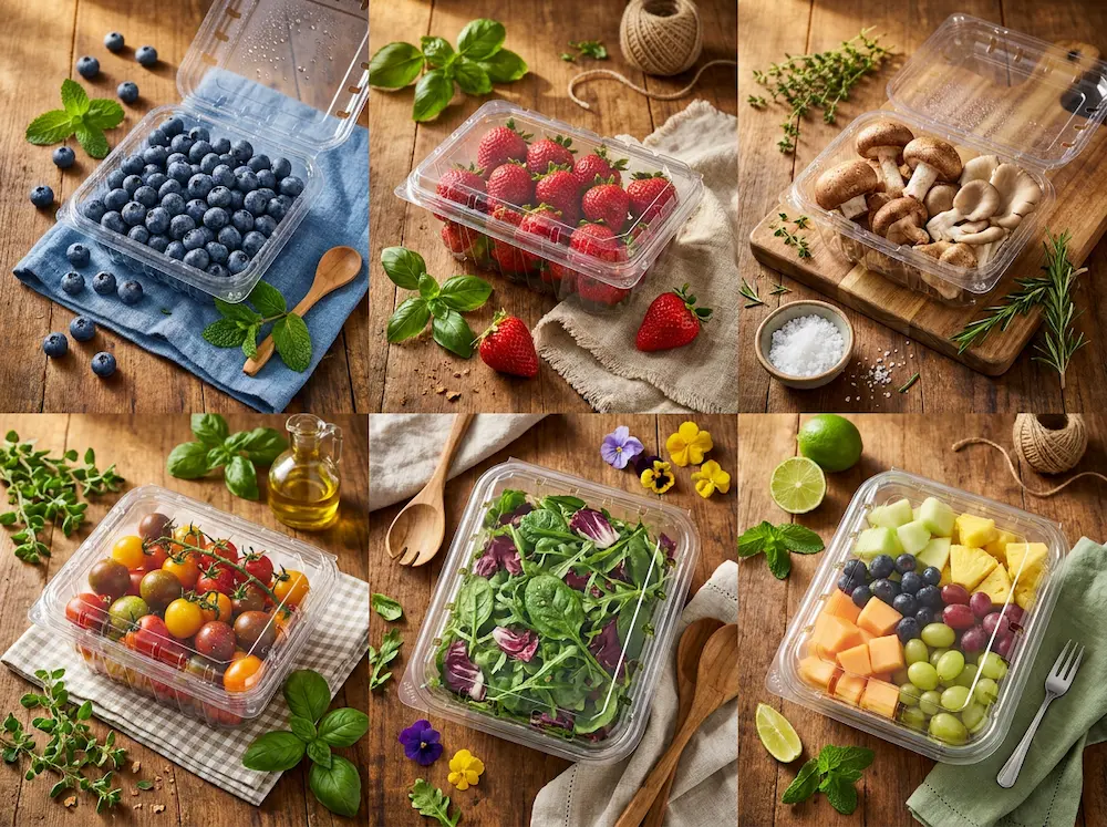 Clear PET/RPET food packaging use cases for blueberries, strawberries, mushrooms, tomatoes, salad, and fruit cuts