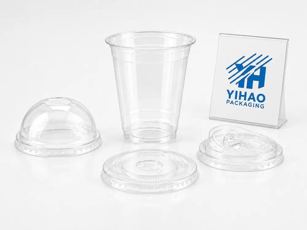 YIHAO brand product display featuring cold cups with universal dome, flat, and sip lids on white background.