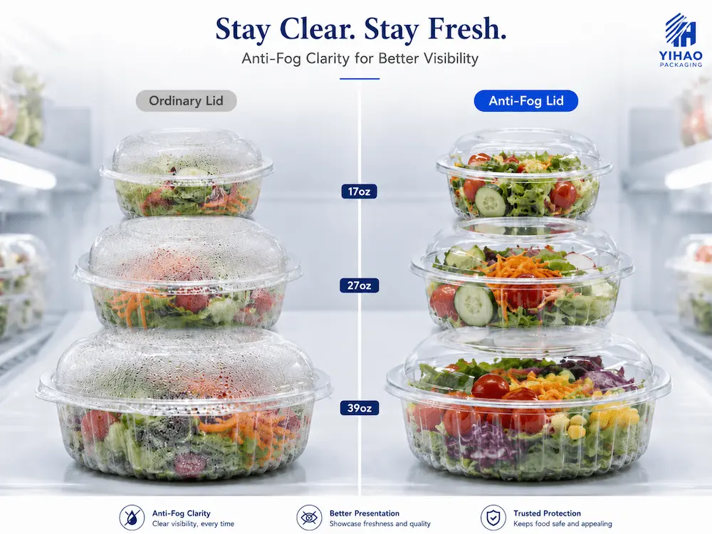Comparison of ordinary lid vs anti-fog lid showing visibility of salad inside clear containers.