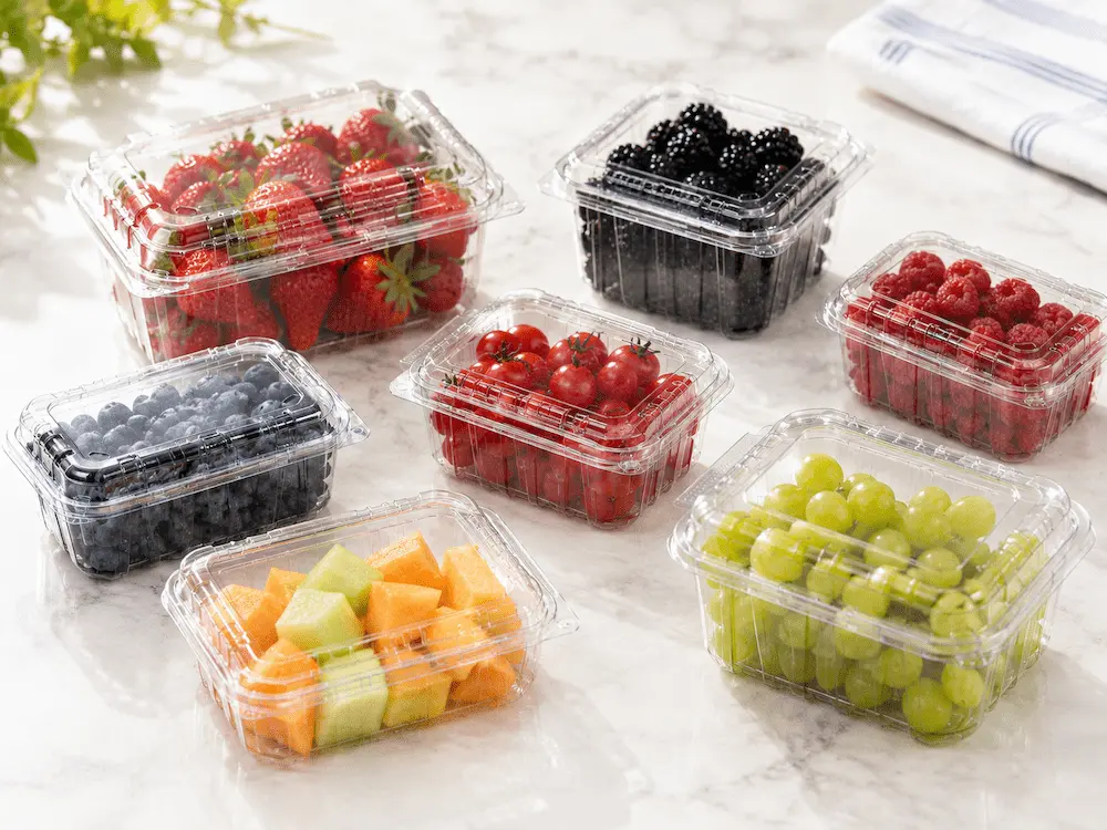 Clear plastic containers filled with various berries, grapes, and cut melon on a kitchen counter.