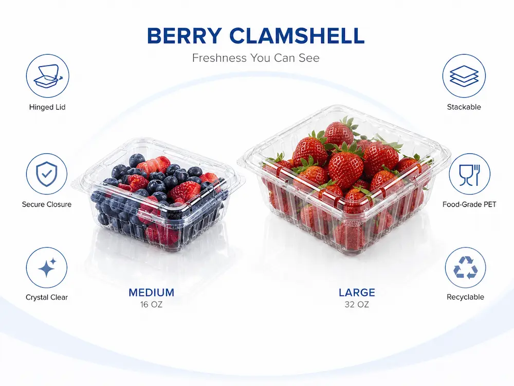 Complete Guide to Berry Clamshell Packaging for Blueberries, Blackberries, and Raspberries 1 Berry clamshell packaging showing medium and large clear PET container structures