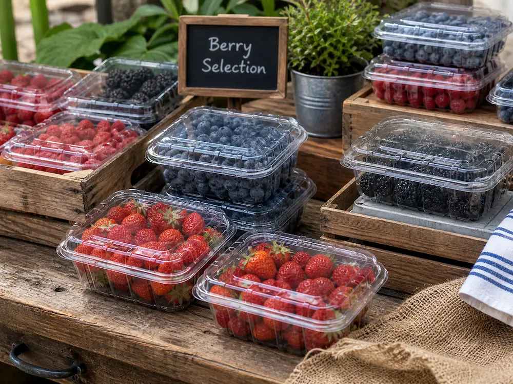 Blueberry Containers: Buyer Guide for Food Packaging Teams 3 Clear berry clamshell packaging for blueberries strawberries and blackberries in retail and farm market display